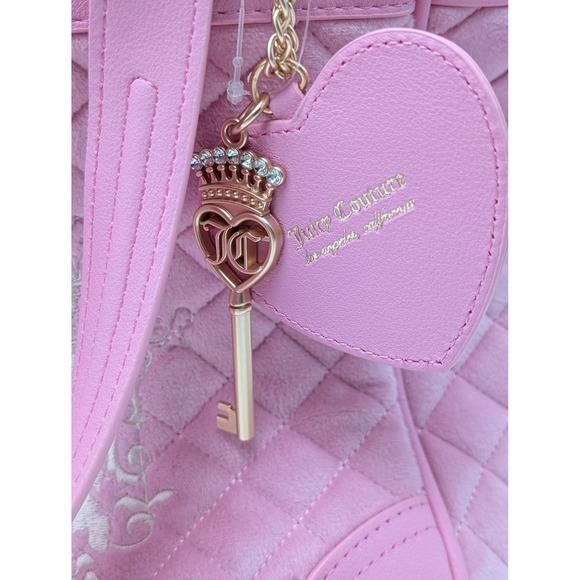 Juicy Couture Tote Women Large Pink Juicy Tale Quilted Velour Y2K Bow Charm Bag - Picture 5 of 11